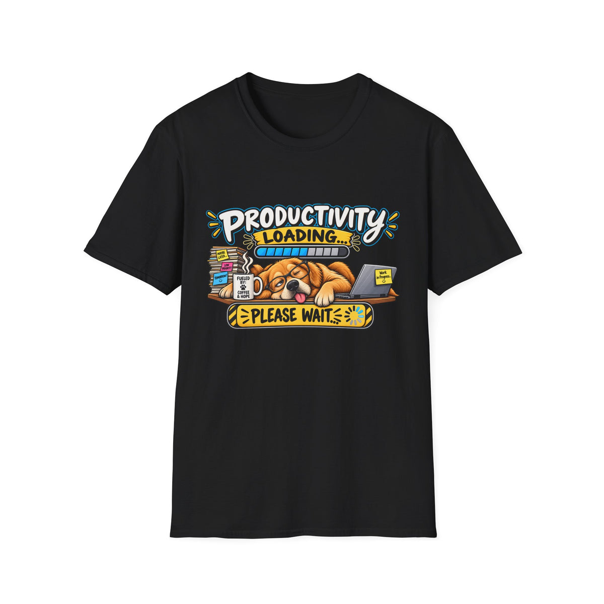 Productivity Loading T-Shirt — Cute Sleepy Dog Graphic Tee — S, Black | The ClawMark Store