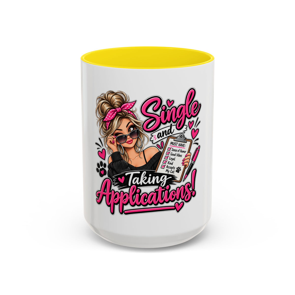 Single and Taking Applications — Coffee Mug (11oz, 15oz) — Yellow, 15oz | The ClawMark Store