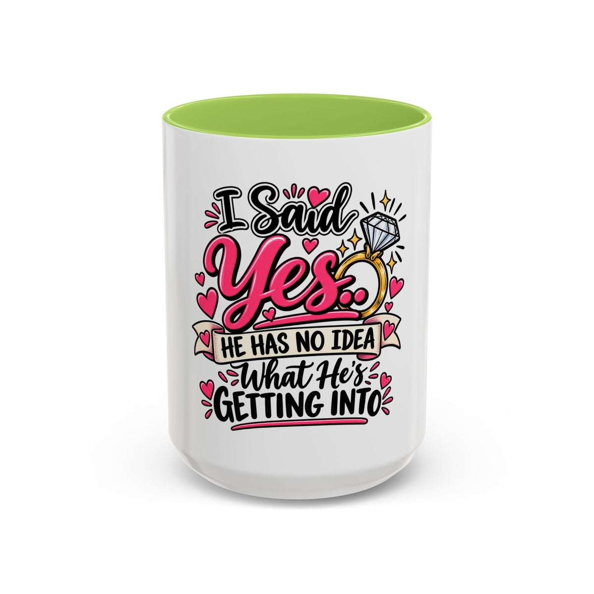 "I Said Yes" Engagement Proposal Mug — Light Green, 15oz | The ClawMark Store