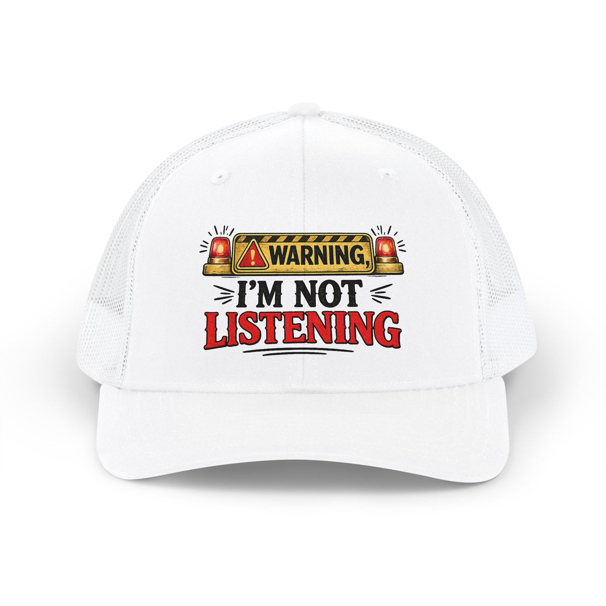 Warning I'm Not Listening Snapback Trucker Cap — White, White | The ClawMark Store