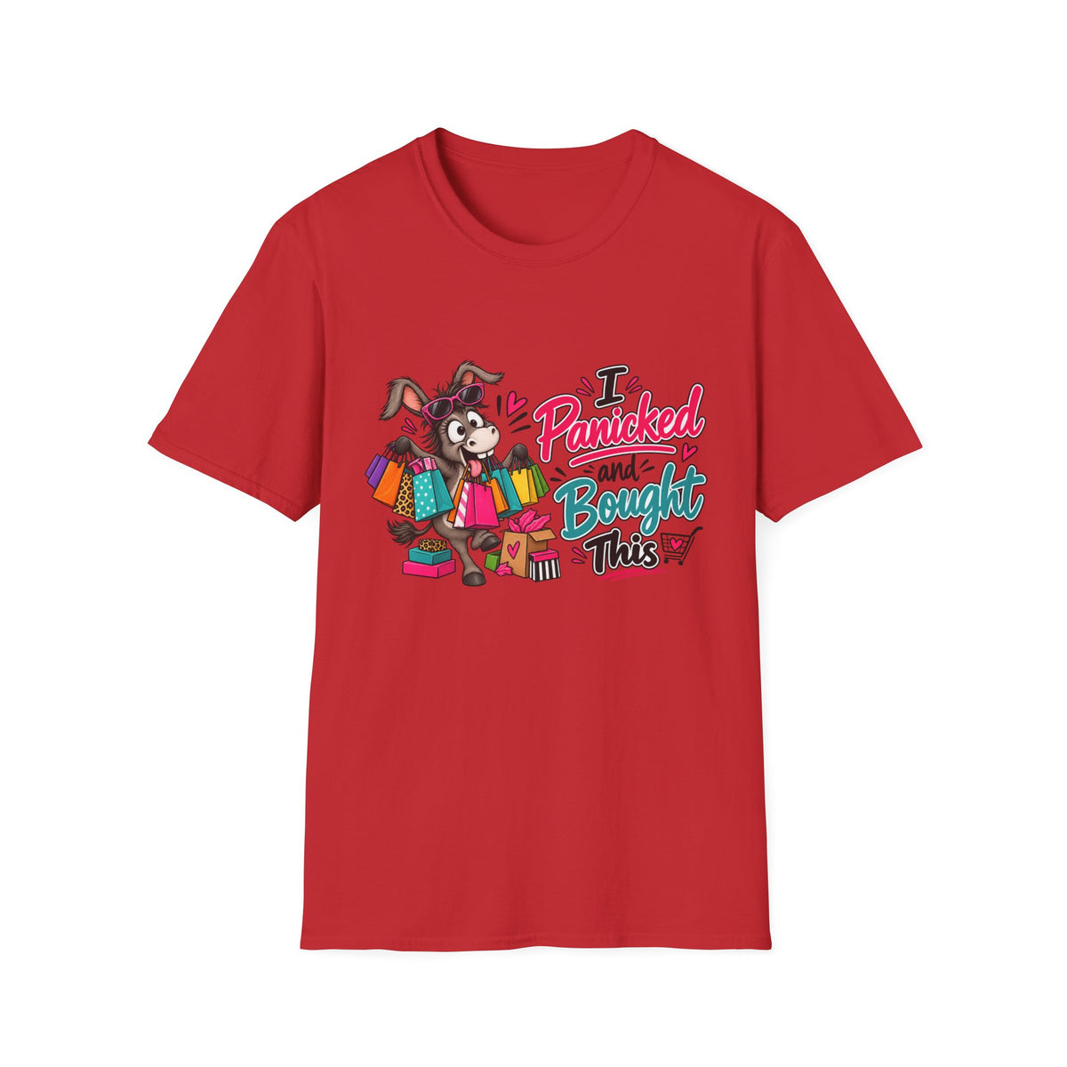 I Panicked and Bought This T-Shirt — Funny Shopping Donkey Graphic Tee — S, Red | The ClawMark Store