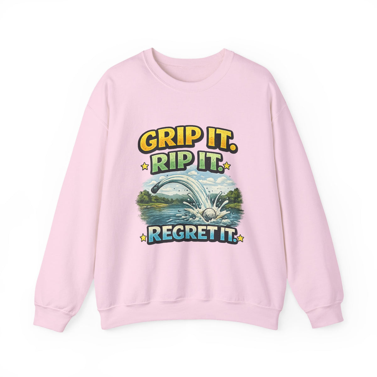 "Grip It, Rip It, Regret It" Fishing Sweatshirt — S, Light Pink | The ClawMark Store