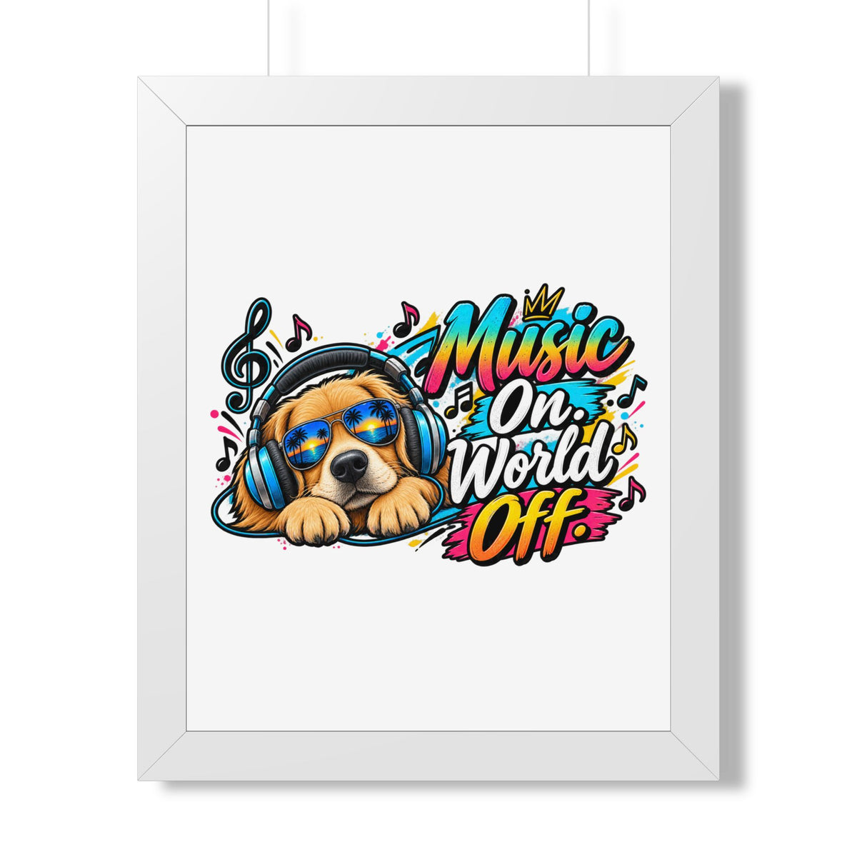 Music On, World Off Framed Poster — Dog with Headphones Wall Art — White, 16″ x 20″ | The ClawMark Store