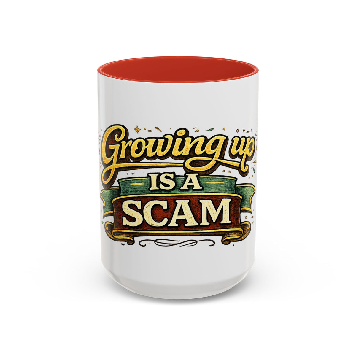 "Growing Up Is A Scam" Vintage-Style Coffee Mug — 15oz, Red | The ClawMark Store