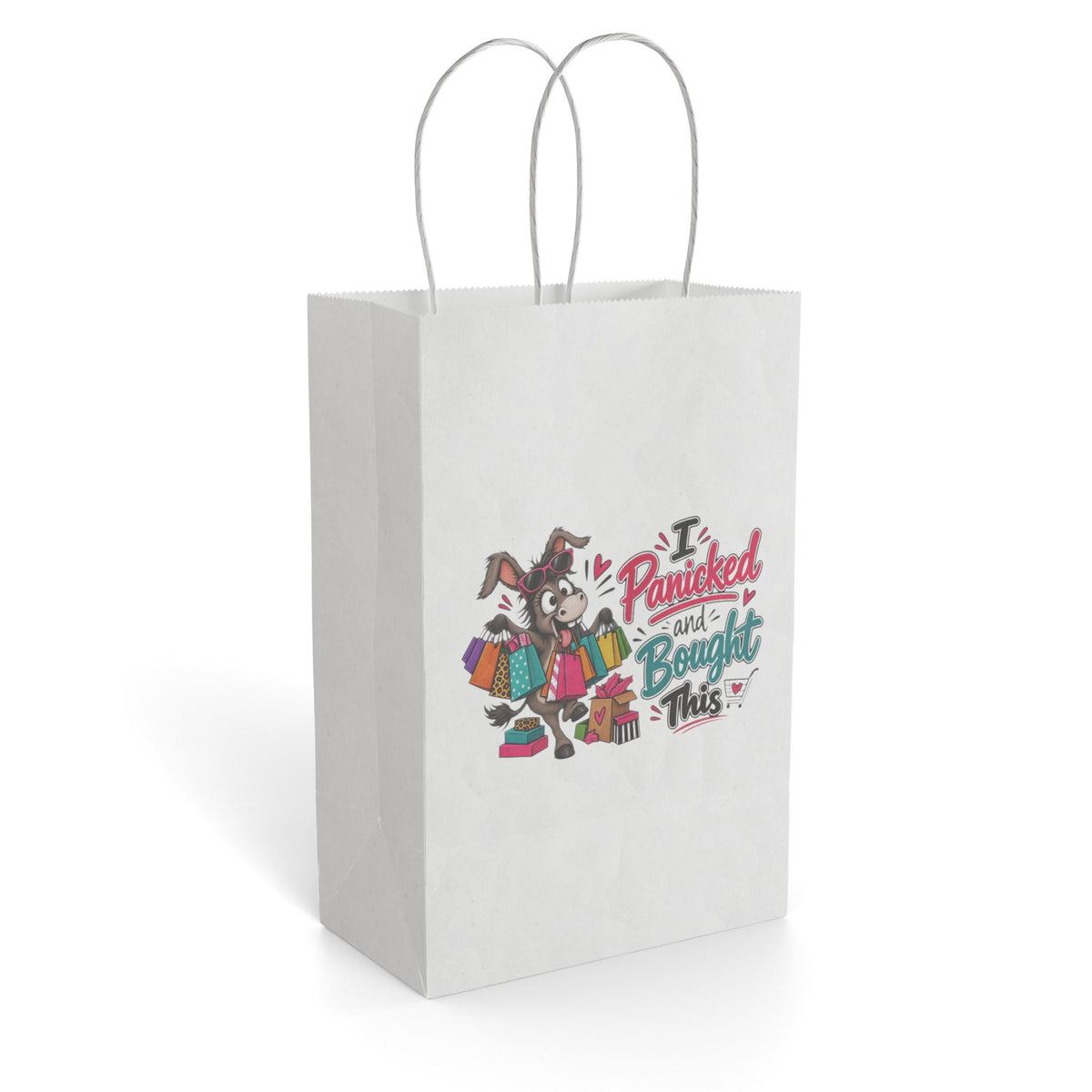 "I Panicked and Bought This" Paper Gift Bag — 5.5'' x 8.375", White, Paper | The ClawMark Store