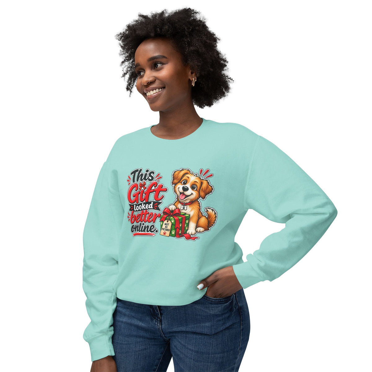 "This Gift Looked Better Online" Holiday Puppy Sweatshirt — Chalky Mint, S | The ClawMark Store