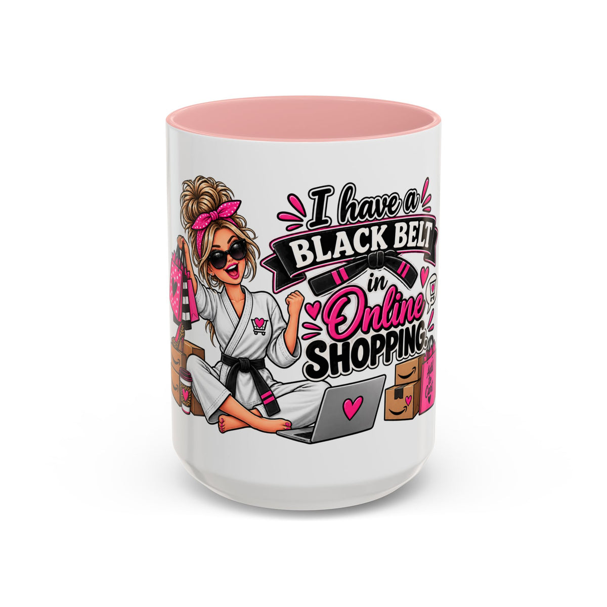 "I Have a Black Belt in Online Shopping" Accent Mug — 15oz, Pink | The ClawMark Store
