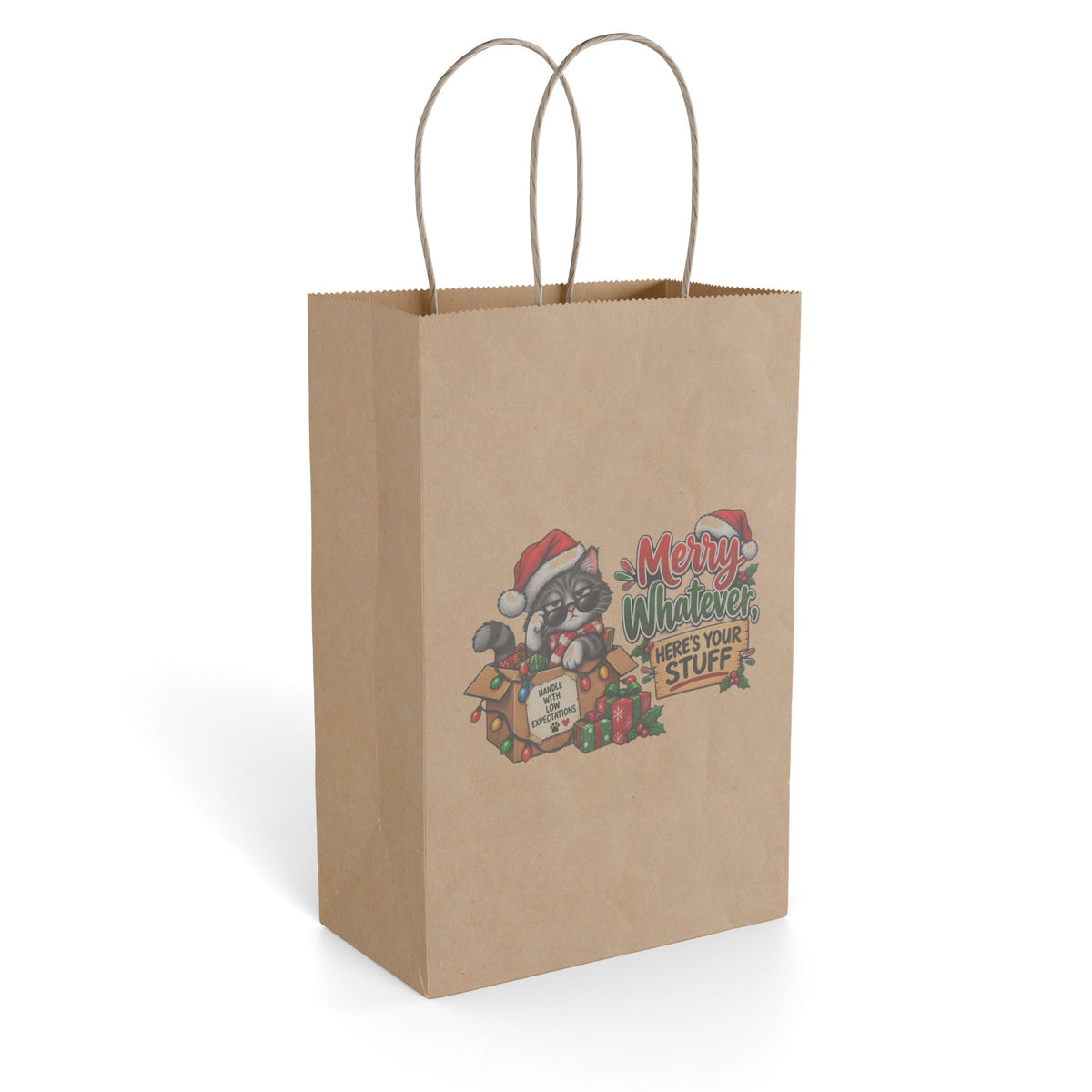 "Merry Whatever, Here’s Your Stuff" Gift Bag — 5.5'' x 8.375", Kraft, Paper | The ClawMark Store