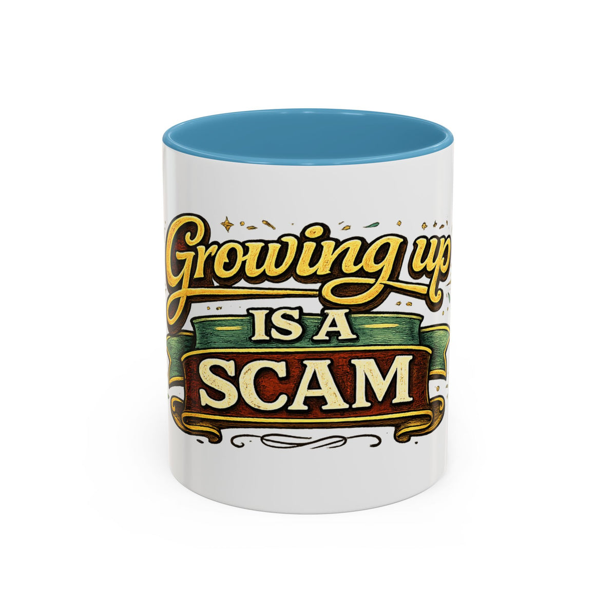 "Growing Up Is A Scam" Vintage-Style Coffee Mug — 11oz, Light Blue | The ClawMark Store