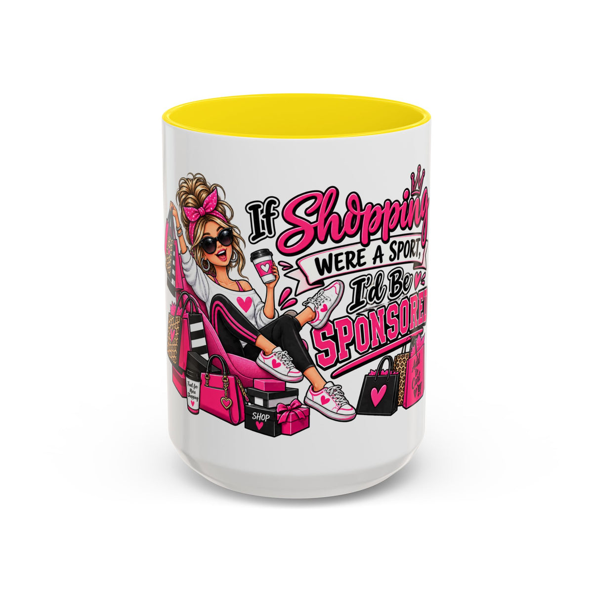 "If Shopping Were a Sport I'd Be Sponsored" Accent Mug — Yellow, 15oz | The ClawMark Store