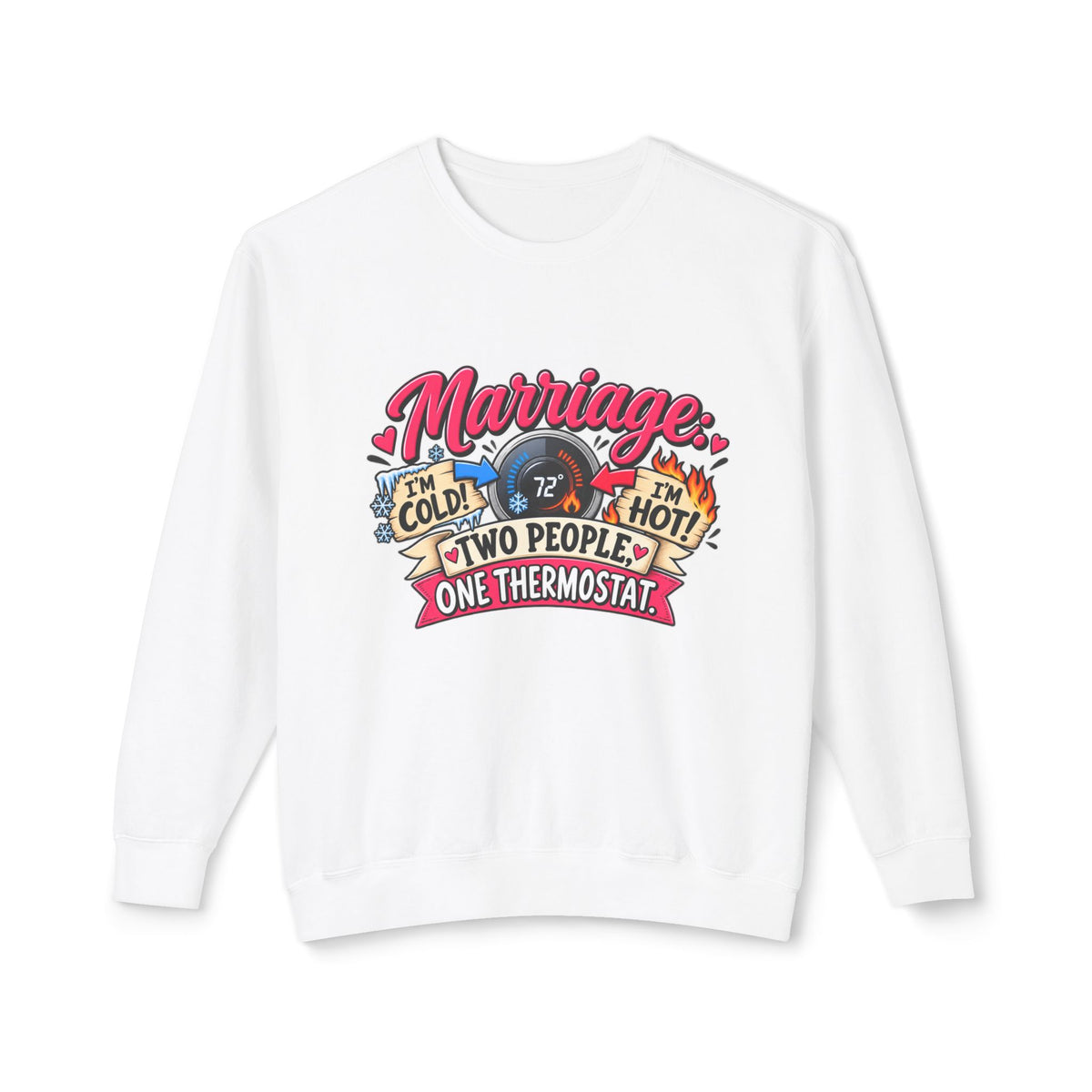 Marriage: Two People, One Thermostat — Sweatshirt — White, S | The ClawMark Store