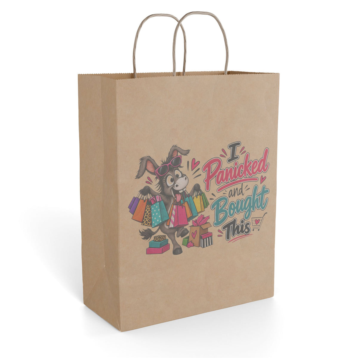 "I Panicked and Bought This" Paper Gift Bag — 10'' x 13", Kraft, Paper | The ClawMark Store
