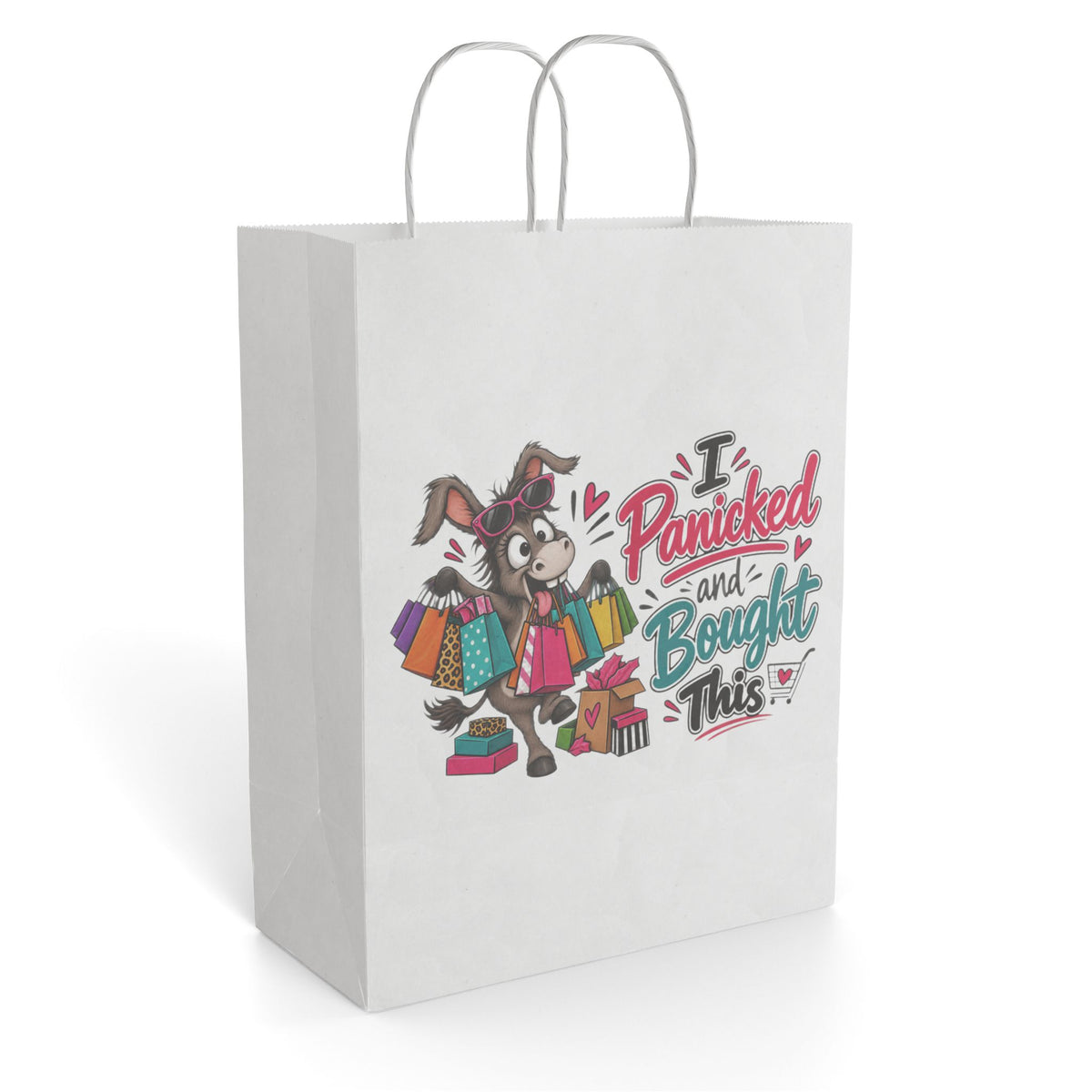 "I Panicked and Bought This" Paper Gift Bag — 10'' x 13", White, Paper | The ClawMark Store