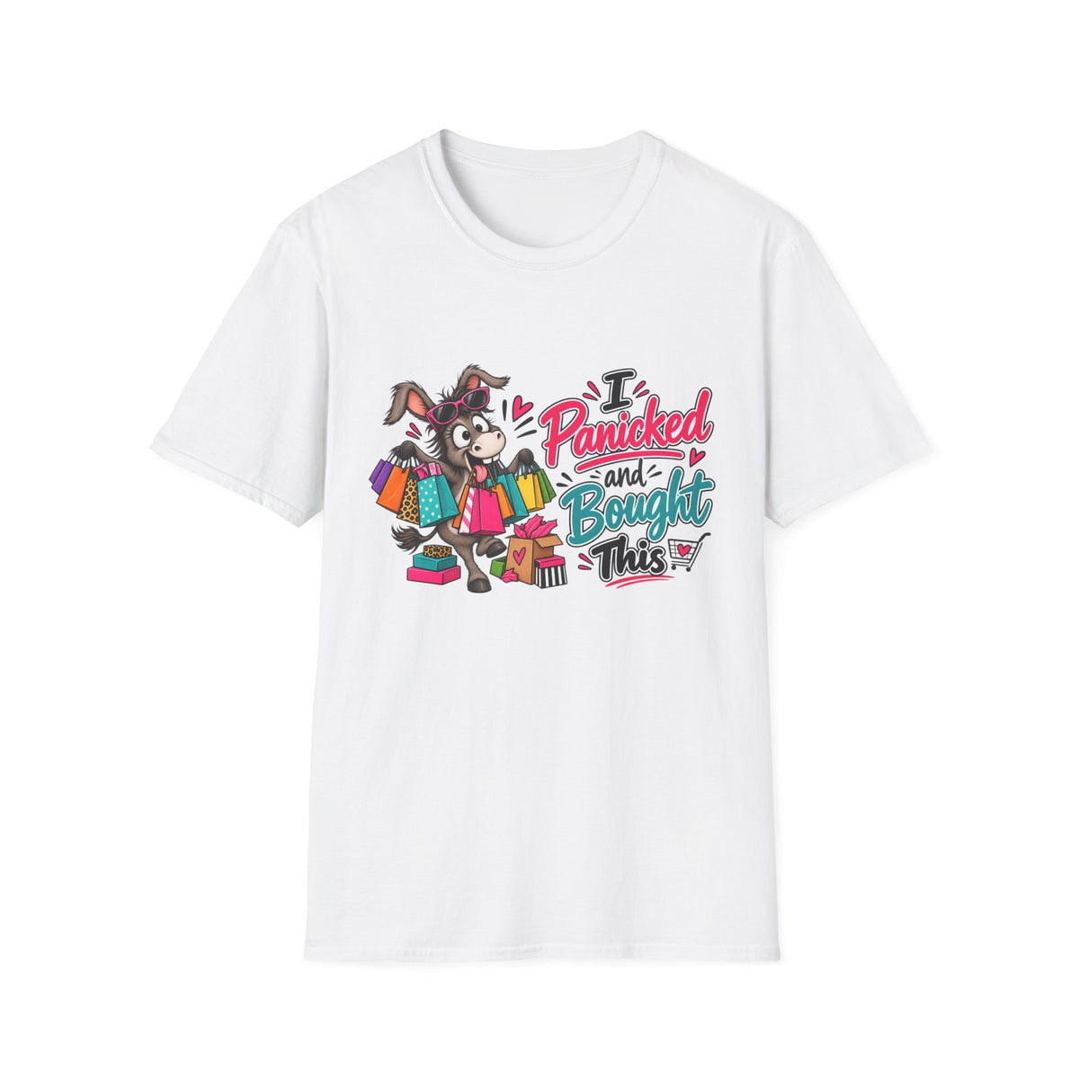 I Panicked and Bought This T-Shirt — Funny Shopping Donkey Graphic Tee — S, White | The ClawMark Store